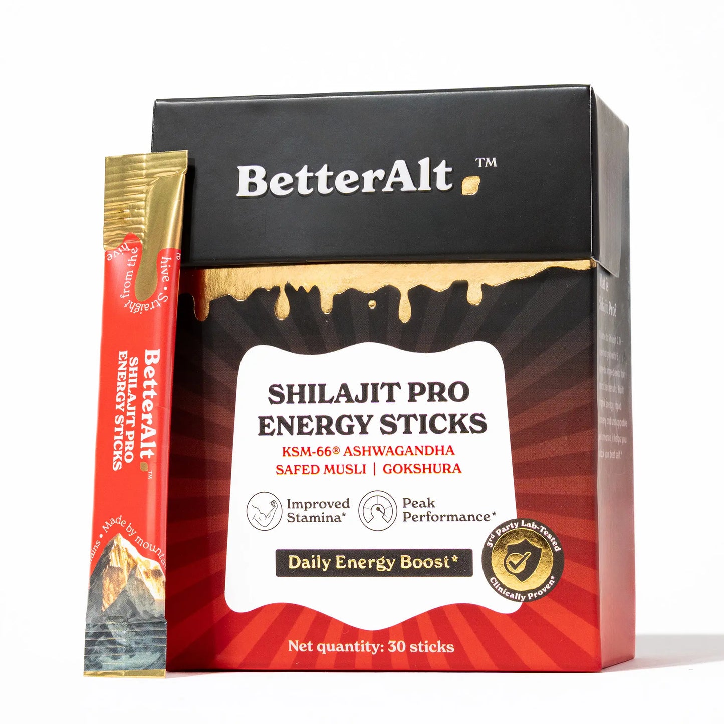 Betteralt GOLD+ Shilajit Honey Sticks | Lab-Tested for Purity | Shilajit, Honey & Saffron | 85 Minerals & 75% Fulvic Acid for Energy & Stamina | 30N