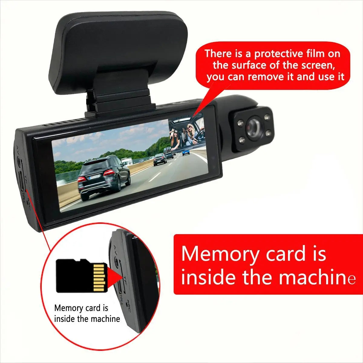 Front & inside Dashcams for Cars, Front Rear Dashcam, Car Dashboard Camera, Video Dashcam, Cardashcam with 32GB Card, Wide Angle Driving Recorder with IR Night Vision, 3.16 Inch IPS Screen HD Camera with Dual Lens, (Non-Rechargeable; Plug-In Use)