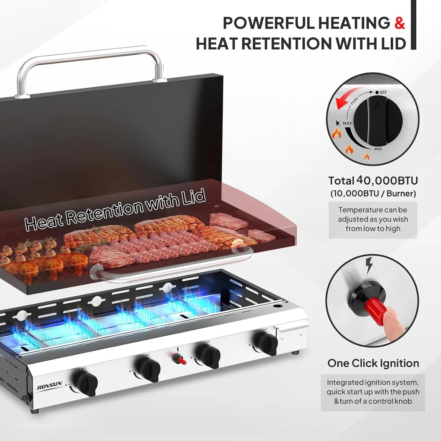 ROVSUN 2/4 Burner Portable Propane Griddle with Enameled Tray & Lid, 20000/40000 BTU Rolling Flat Top Gas Grill with Electronic Ignition, Side Shelves & Regulator for Outdoor Cooking Camping BBQ Tailgating Summervibes