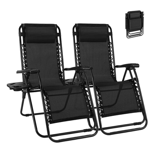 Zero Gravity Set of 2 Folding Lounge Chairs with Cup Holder Trays, Adjustable Pillow, Camping and Poolside Accessory, Outdoor Design, Beach Chair Foldable, Outdoor Lawn Chair