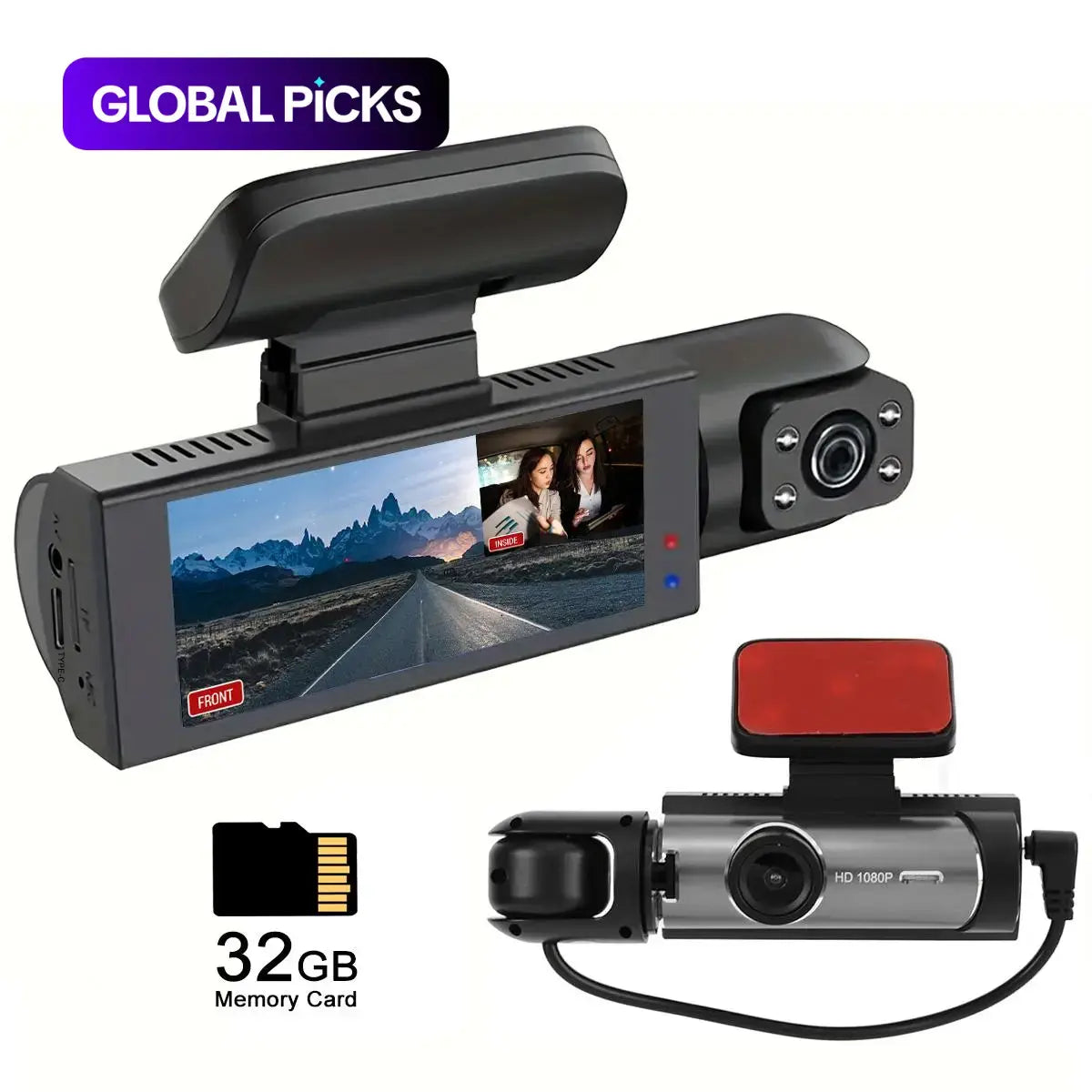Front & inside Dashcams for Cars, Front Rear Dashcam, Car Dashboard Camera, Video Dashcam, Cardashcam with 32GB Card, Wide Angle Driving Recorder with IR Night Vision, 3.16 Inch IPS Screen HD Camera with Dual Lens, (Non-Rechargeable; Plug-In Use)