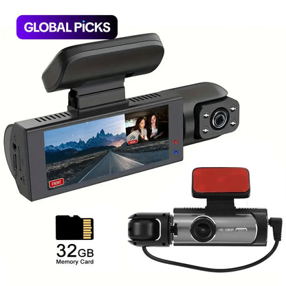 Front & inside Dashcams for Cars, Front Rear Dashcam, Car Dashboard Camera, Video Dashcam, Cardashcam with 32GB Card, Wide Angle Driving Recorder with IR Night Vision, 3.16 Inch IPS Screen HD Camera with Dual Lens, (Non-Rechargeable; Plug-In Use)