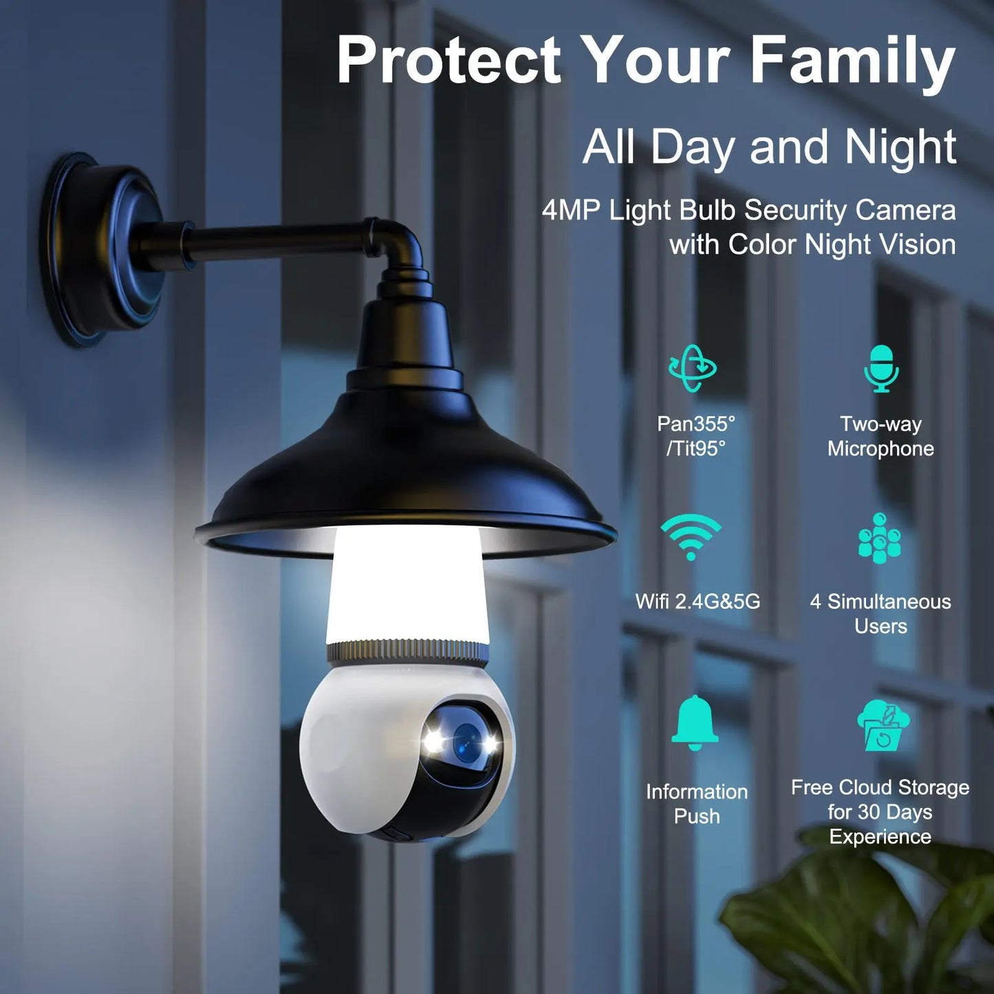 Hawkray Infrared Night Vision Wireless Indoor/Outdoor Security Camera with Night Vision, Motion Detection, 360° Remote Viewing, and Real-Time Alerts Light Bulb Cord Protection Protection