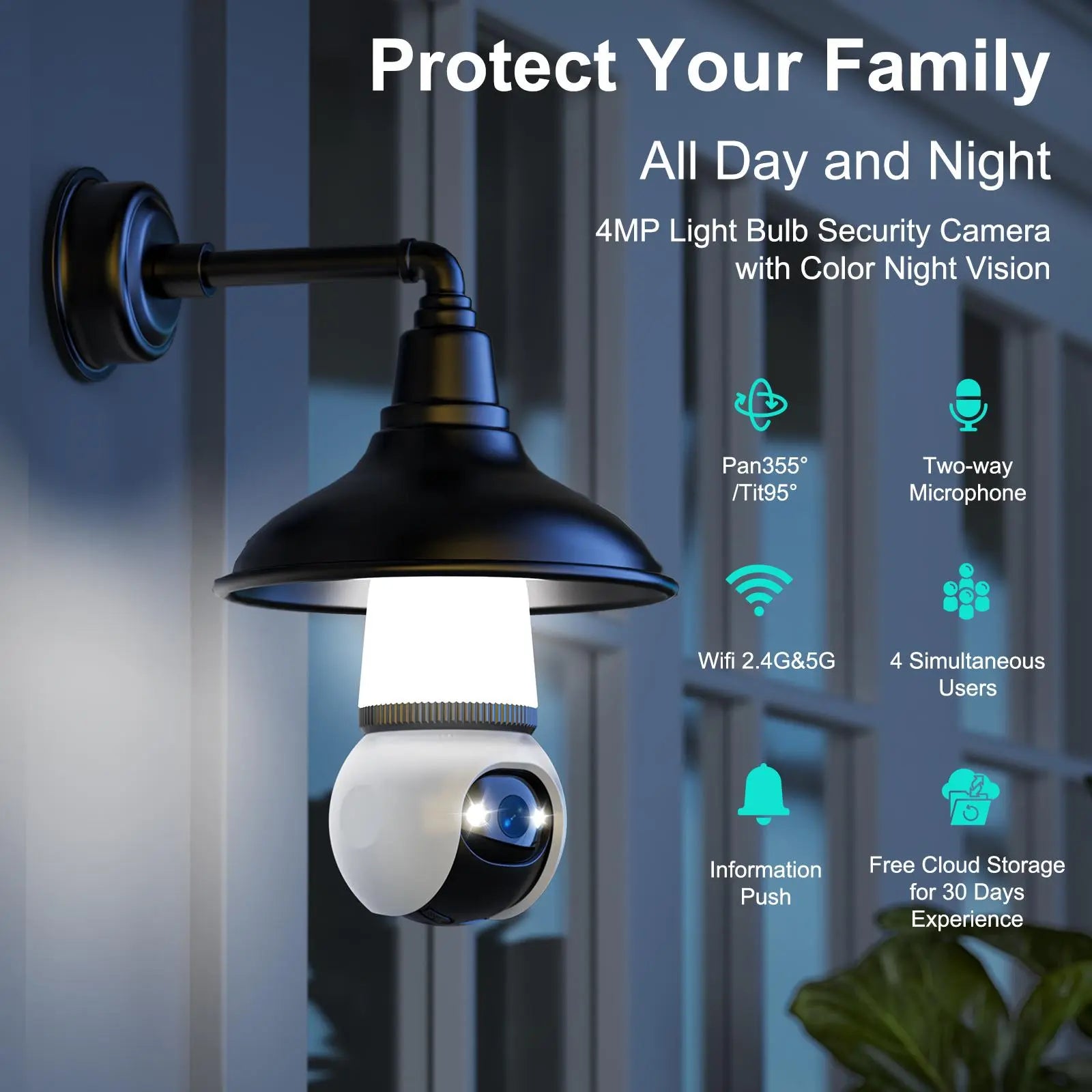 Hawkray Infrared Night Vision Wireless Indoor/Outdoor Security Camera with Night Vision, Motion Detection, 360° Remote Viewing, and Real-Time Alerts Light Bulb Cord Protection Protection