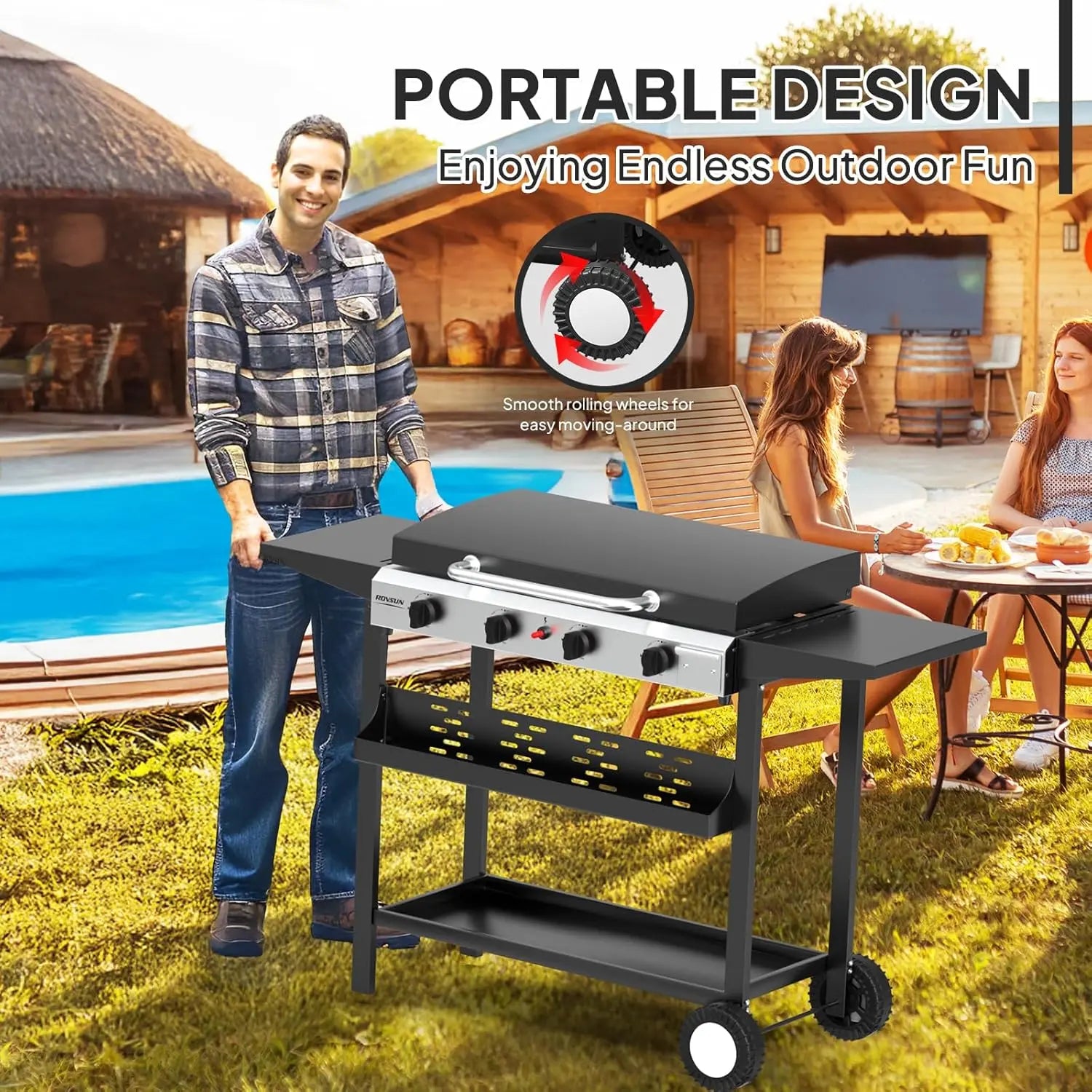 ROVSUN 2/4 Burner Portable Propane Griddle with Enameled Tray & Lid, 20000/40000 BTU Rolling Flat Top Gas Grill with Electronic Ignition, Side Shelves & Regulator for Outdoor Cooking Camping BBQ Tailgating Summervibes