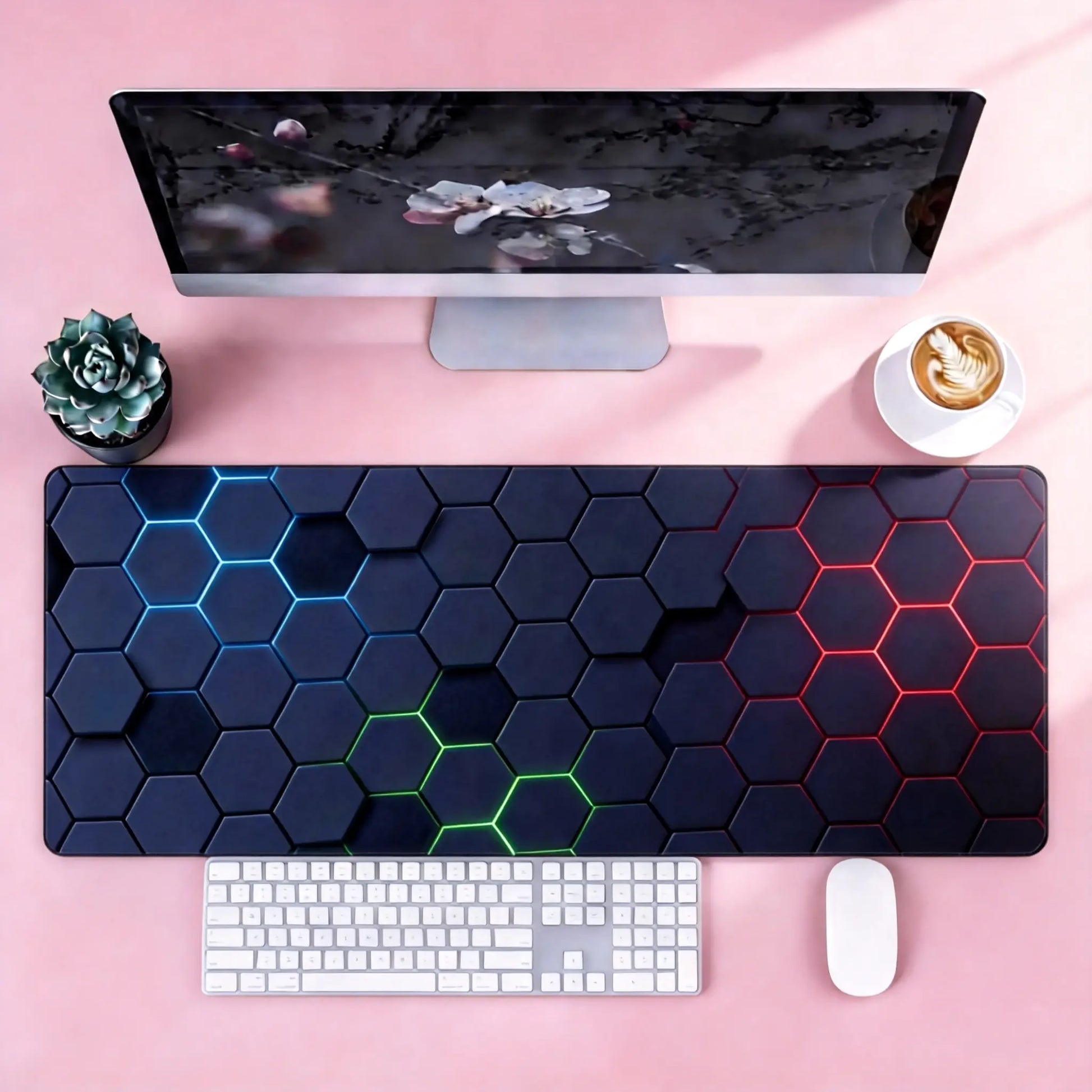 Mouse Pad - Cyber Hex Grid Extended Abstract Geometric Desk Mat, Stitched Edges & Non-Slip Base for Office & Gaming Tiktokshopspringglowup,Summervibes