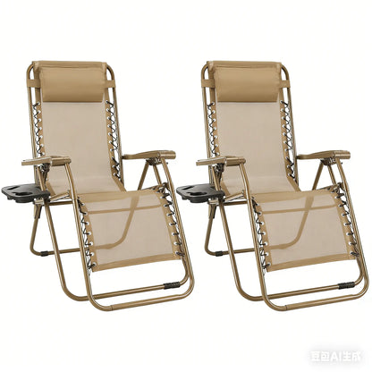 Zero Gravity Set of 2 Folding Lounge Chairs with Cup Holder Trays, Adjustable Pillow, Camping and Poolside Accessory, Outdoor Design, Beach Chair Foldable, Outdoor Lawn Chair