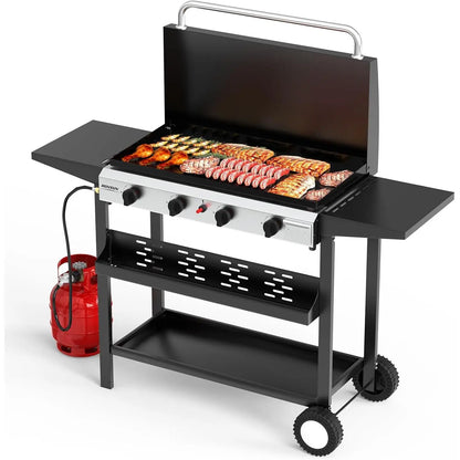 ROVSUN 2/4 Burner Portable Propane Griddle with Enameled Tray & Lid, 20000/40000 BTU Rolling Flat Top Gas Grill with Electronic Ignition, Side Shelves & Regulator for Outdoor Cooking Camping BBQ Tailgating Summervibes