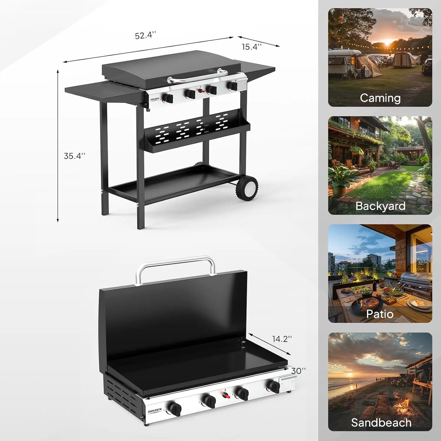 ROVSUN 2/4 Burner Portable Propane Griddle with Enameled Tray & Lid, 20000/40000 BTU Rolling Flat Top Gas Grill with Electronic Ignition, Side Shelves & Regulator for Outdoor Cooking Camping BBQ Tailgating Summervibes