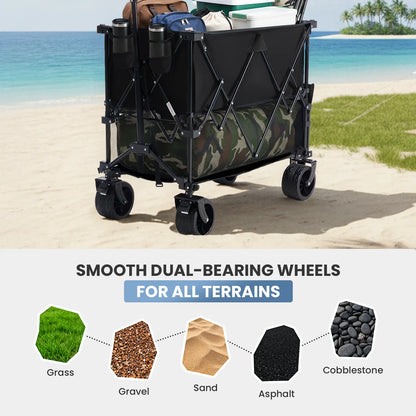 Sweetcrispy 320L Outdoor Folding Double-Decker Wagon with Brakes, 440 Lbs Capacity, Flexible Handle, All-Terrain Big Wheels, Compact Pack & Foldable Size for Grocery, Camping