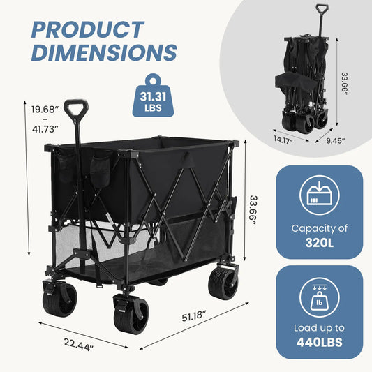 Sweetcrispy 320L Outdoor Folding Double-Decker Wagon with Brakes, 440 Lbs Capacity, Flexible Handle, All-Terrain Big Wheels, Compact Pack & Foldable Size for Grocery, Camping