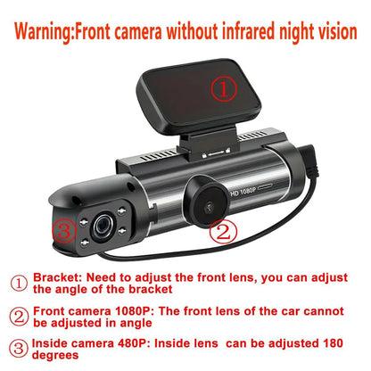 Front & inside Dashcams for Cars, Front Rear Dashcam, Car Dashboard Camera, Video Dashcam, Cardashcam with 32GB Card, Wide Angle Driving Recorder with IR Night Vision, 3.16 Inch IPS Screen HD Camera with Dual Lens, (Non-Rechargeable; Plug-In Use)