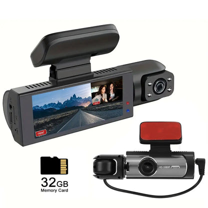 Front & inside Dashcams for Cars, Front Rear Dashcam, Car Dashboard Camera, Video Dashcam, Cardashcam with 32GB Card, Wide Angle Driving Recorder with IR Night Vision, 3.16 Inch IPS Screen HD Camera with Dual Lens, (Non-Rechargeable; Plug-In Use)