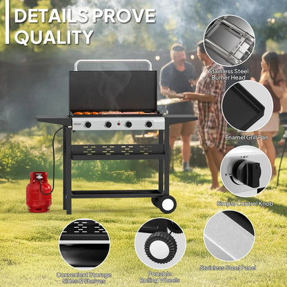 ROVSUN 2/4 Burner Portable Propane Griddle with Enameled Tray & Lid, 20000/40000 BTU Rolling Flat Top Gas Grill with Electronic Ignition, Side Shelves & Regulator for Outdoor Cooking Camping BBQ Tailgating Summervibes